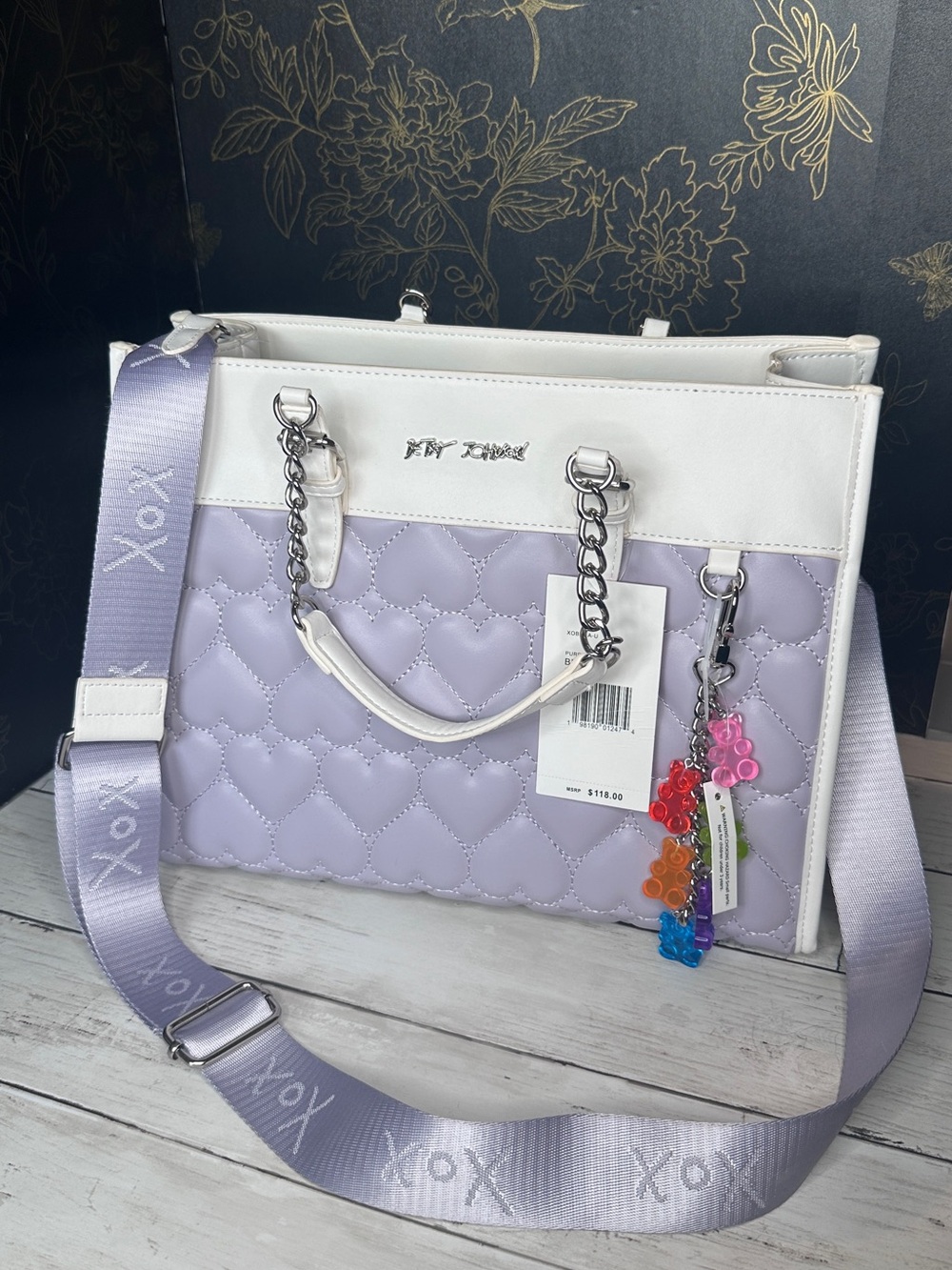 Betsey Johnson Lavender and White Quilted Heart Satchel with Detachable Strap